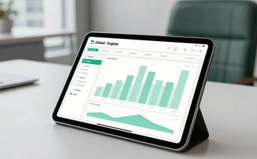 A close-up shot of a modern tablet displaying a custom information system dashboard with light green charts. The background features a sophisticated, minimalist office in a Global / English-speaking city, with soft focus on a white desk and dark green leather chair.