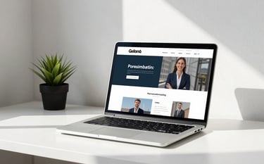 A minimalist workspace with a sleek laptop displaying a clean, professional personal branding website. The setting is bright and airy with soft sunlight, white walls, and a small dark green potted plant. Modern Global / English-speaking professional aesthetic.