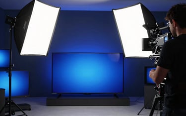 A high-end TV production set in the UK, featuring large softbox lighting and multiple monitors. A professional camera operator is visible in a modern, clean-lined environment, creating a sophisticated and trustworthy mood with deep blue accents.
