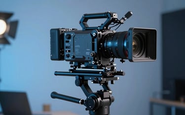 A sleek professional cinema camera on a precision gimbal stabilizer, positioned in a modern Northern European studio setting. The lighting is sophisticated with soft light blue and dark blue highlights, emphasizing technical excellence and a cinematic atmosphere.