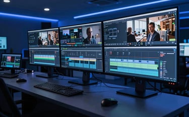 A high-tech video editing suite with dim blue ambient lighting, featuring multiple large ultra-wide monitors displaying complex video timelines. The atmosphere is professional and innovative, set in a creative hub in London.