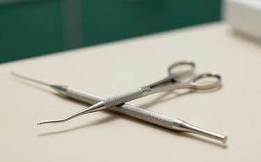 A minimalist, artistic shot of high-end dental instruments placed on a warm ivory surface. The lighting creates clean, continuous lines and deep shadows. Accents of deep green (#2E5A4B) are seen in the background, reinforcing a sense of precise expertise and a sophisticated, clinical tranquility for the modern dental office.