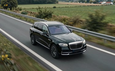 A luxury black SUV driving along a high-quality European highway through scenic landscapes, representing international transport. The shot is high-angle and cinematic, highlighting precision and safety in a Western European / Dutch context.
