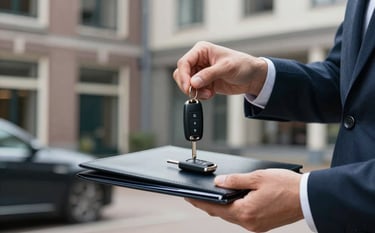 A close-up of a professional in business attire handing over a set of high-end car keys and a clean leather document folder in a Western European / Dutch corporate courtyard. Sharp focus, clean textures.
