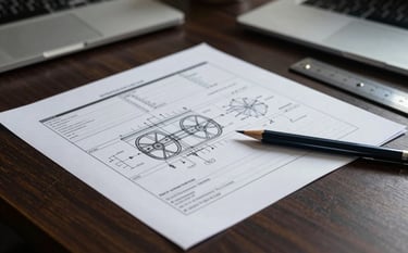 A sharp, high-contrast close-up of a detailed engineering report on a dark wooden desk in a modern International / Professional office. Professional tools like a mechanical pencil and a scale ruler lie beside the document. The lighting is focused and authoritative, with Dark Navy and Steel Blue tones.