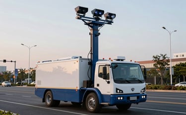 A high-tech survey vehicle equipped with multi-sensor LiDAR arrays driving through a well-maintained International / Professional metropolitan area at dusk. The vehicle's sensors cast subtle glimmers, suggesting advanced data capture. The environment is clean and professional, with a color scheme of Steel Blue and Off-White.