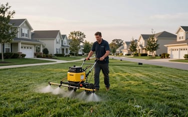 A professional landscaping crew in North America using modern equipment to perform lawn aeration and fertilization on a sprawling residential estate. The setting is a clean, suburban neighborhood under a soft morning sky.