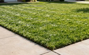 A bright, clear daytime photograph of a perfectly striped, vibrant green residential lawn in a North American suburb. The grass is expertly mowed, and the concrete walkway features sharp, clean edging. Warm sunlight highlights the lush texture of the lawn.