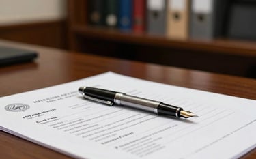 A close-up photograph of a professional desk in an Indian law firm. A high-quality fountain pen rests on an official trademark document. The aesthetic is clean and modern with a blurred background of a dark wood office shelf. South Asian / Indian context.