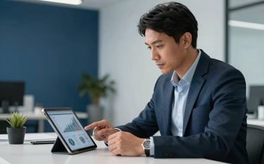 A professional South American engineer in a modern office looking at financial charts on a tablet, clean bright lighting, professional attire. The room features a professional and clean atmosphere with shades of dark blue and light grey in the background.