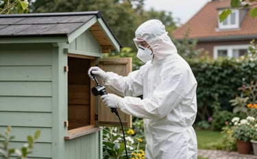 Photography of a professional pest control technician in a white protective suit and mask working carefully near a wooden garden shed in a typical Hamburg suburban garden. Natural daylight, modern and clean look with forest green and light sage accents. High resolution, professional composition.