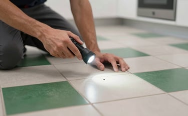 Professional photography of a technician inspecting a clean, modern kitchen floor in Hamburg using a flashlight. Selective focus on the floor tiles to identify insect entry points. The scene conveys trust and efficiency. Colors include off-white and forest green.