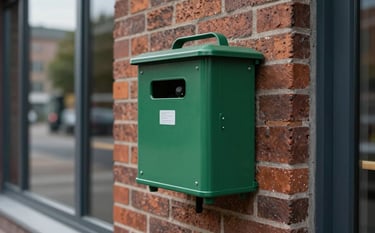 Close-up photography of a discreet pest control bait station placed neatly against a brick wall of a modern commercial building in Hamburg. Soft daylight, clean environment, focus on the equipment. Forest green and dark navy tones in the background.