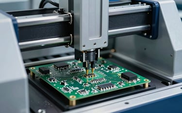 A high-speed SMT pick and place machine precisely placing miniature electronic components on a green circuit board in a modern South Asian factory. The lighting is crisp and cool, highlighting silver machinery and dark blue accents. Professional photography.