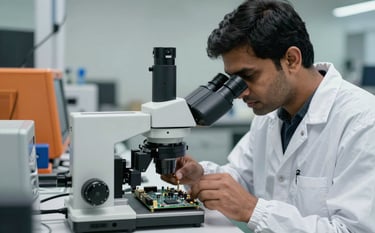 A South Asian electronics engineer in a white anti-static coat carefully inspecting a complex multi-layer PCB under a high-definition digital microscope. The lab is clean and high-tech with orange and silver equipment.
