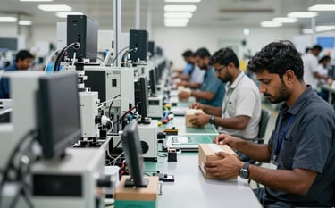 A professional assembly line in an Indian electronics manufacturing facility where workers are performing a final box build. The scene shows high-tech tools, clean workstations, and a premium industrial atmosphere.