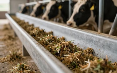 A close-up shot of high-quality cattle feed and fresh silage being distributed in a clean, modern trough. The scene is grounded and authentic, with a shallow depth of field focusing on the texture of the nutrition. Soft daylight filters into the dairy facility, reflecting integrity and care.