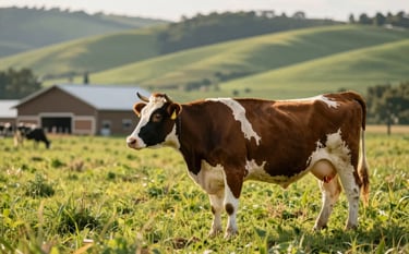 A side view of a premium Holstein cow in a lush, sun-drenched pasture in Piracaia. The lighting is warm and professional, highlighting the animal's healthy coat. The background shows a modern, sustainable dairy barn and rolling hills, using a sophisticated color palette of greens and soft browns without text.