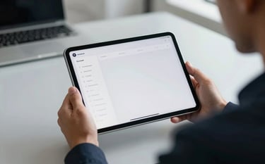 A professional developer in a modern International / Global tech office, focused on a sleek Android tablet displaying a minimalist interface. The composition is clean with soft daylight and accents of dark navy and light grey in the background.