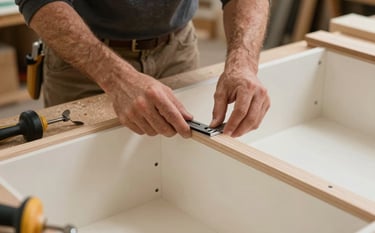 A clean and organized workshop setting in the North American Pacific Northwest showing a carpenter assembling ready-to-assemble cabinetry. Meticulous focus on alignment and professional tools, featuring beige wood and off-white finishes.