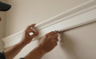 A close-up photograph of a professional carpenter's hands precisely installing off-white crown molding in a modern Pacific Northwest home. Soft natural light highlights the meticulous craftsmanship and clean lines against a beige wall.