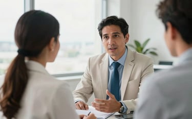 A focused South American / Colombian consultant in formal attire providing expert advice to a business owner in a bright office in Santander. Professional, supportive mood with a color palette of off-white and medium teal.