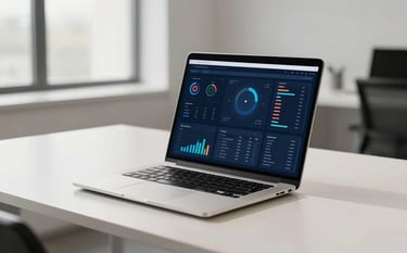 A high-end, minimalist North American office setting with a sleek laptop open on a clean desk, showing a sophisticated dashboard of data visualizations in shades of blue and off-white. The lighting is bright and natural, reflecting a professional and intelligent atmosphere.