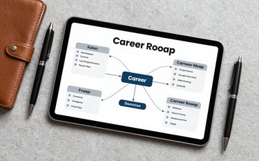 A top-down, clean photography shot of a sleek tablet displaying a career roadmap alongside a high-end pen and leather notebook on a light grey textured surface. The composition is modern and tech-inspired, reflecting professional planning and clarity.