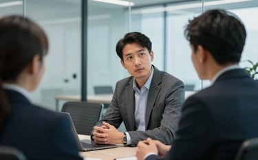 A focused professional mentorship session in a modern North American glass-walled conference room. A mentor and mentee are engaged in a serious but encouraging conversation. The style is crisp and professional, using soft natural light and cool blue tones.