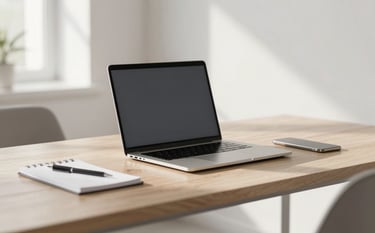 A high-end, minimalist office workspace with a clean wooden desk, a professional laptop, and a notepad. The room is filled with natural, soft morning light. The aesthetic is sharp and modern, dominated by neutral tones and shadows. Colors used: #4A4A4A, #F5F5F5.