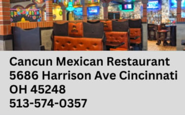 Interior of Cancun Mexican Restaurant in Cincinnati featuring tufted booths and contact information.