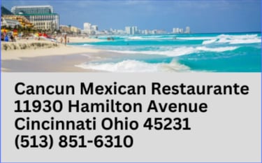Cancun Mexican Restaurante business address and contact information with a scenic beach background.