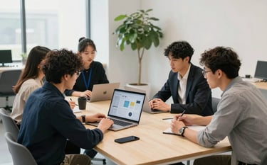 A clean, modern North American agency studio setting. A team is gathered around a large Crisp Parchment colored table reviewing a digital strategy on a laptop. The room features Scandinavian furniture and a large potted plant, reflecting a professional yet down-to-earth vibe.