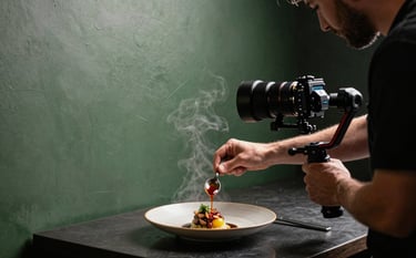 Behind-the-scenes photography in a North American artisanal restaurant with Matte Forest Green walls. A content creator is using a professional gimbal to film a chef drizzling sauce over a dish. The lighting is moody and sophisticated, capturing the steam and textures.