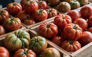 A close-up, editorial-style photograph of a North American local market stall. A variety of heirloom tomatoes in Deep Ripe Crimson and earthy greens are arranged in wooden crates. Soft, natural morning light filters through, creating a warm and sophisticated artisanal atmosphere.