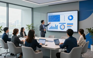 A bright, airy glass-walled conference room where a diverse team of professionals is reviewing media analytics on a large wall-mounted screen. The room features pale mist grey furniture and deep sky blue decorative elements. Wide angle shot, cinematic lighting, modern corporate atmosphere.