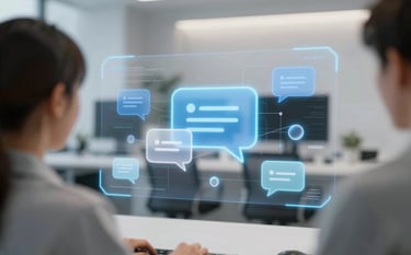 A sophisticated digital interface displaying customer support analytics. The scene features glowing holographic chat icons and sentiment indicator nodes in #4A7CA1 and #A5CADC. The background is a clean, modern tech environment with soft lighting, conveying professional intelligent automation.