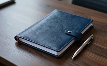 Interior photography of a high-end North American legal office. A deep navy leather planner and a silver pen rest on a dark walnut desk. Natural light highlights the texture of the paper and the wood. Professional and calm mood with soft blue tones.