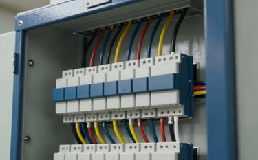Photography of a modern and neatly wired industrial electrical panel. The wiring is color-coded and organized perfectly. The panel is navy blue and steel blue, reflecting a high-tech and authoritative engineering standard. Clear, natural lighting.