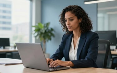 A focused American professional woman in a bright, modern Atlanta office working on a high-end laptop. The setting includes clean lines, a plant, and soft muted blue office accents. The lighting is natural and sophisticated, emphasizing a professional digital workspace.