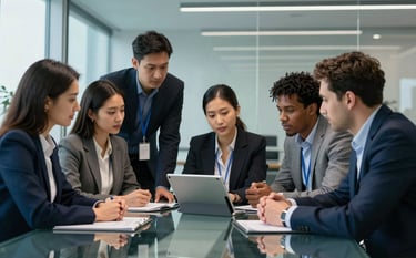 A diverse team of American tech professionals collaborating in a high-tech glass conference room. They are looking at a tablet together. The scene features dark navy and sky blue color themes in their professional attire and office decor.