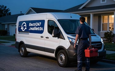 A branded electrician service van parked on a quiet North American / US suburban street at night, with a professional technician carrying a toolkit toward a home. Lighting is crisp and cold, using Deep Charcoal Blue shadows and Steel Blue highlights to show 24/7 availability.