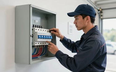 A professional electrician in a clean uniform inspecting a modern residential circuit breaker panel in a bright North American / US home garage. The scene uses a professional color palette of Deep Charcoal Blue and Steel Blue with Soft White lighting, emphasizing reliability and modern professionalism.