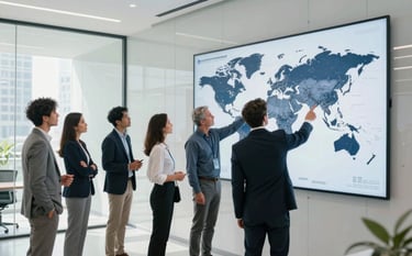 A group of professional consultants in a modern, minimalist glass-walled office in a Lusophone Internacional city. They are pointing at a large digital world map displayed on a wall. The lighting is bright and natural, with a color palette of white, light grey, and dark blue accents.