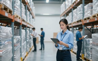 An interior shot of a sophisticated, brightly lit logistics warehouse in a Lusophone Internacional setting. Workers in professional attire are using tablets to manage stock. The scene is minimalist with light blue and white tones, reflecting high efficiency and modern trade operations.