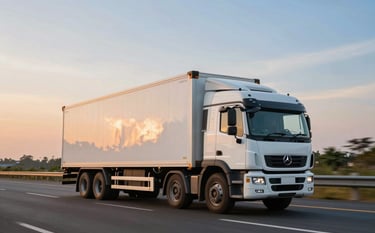 A wide shot of a logistics truck traveling on a modern South Asian / Indian highway at sunset. The sky is a mix of pale sky blue and soft orange, reflecting on the clean white truck body. The composition is dynamic, emphasizing speed and efficiency.