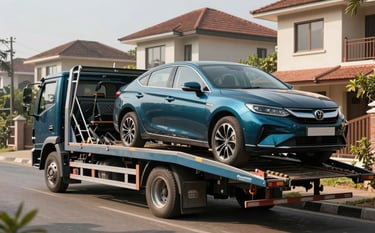 A professional car transporter loading a modern sedan onto a carrier in a clean, residential South Asian / Indian neighborhood. The scene features deep charcoal teal and muted ocean blue accents on the truck's livery, captured in bright, natural morning light.