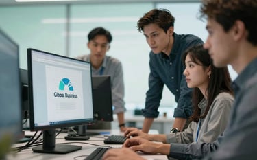 A close-up shot of developers collaborating in a light sky greenish blue lit modern workspace. They are looking at high-resolution monitors in a Global Business tech hub. The setting is bright, airy, and suggests innovation and teamwork.