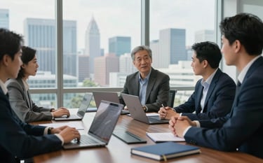 An executive strategy meeting in a glass-walled Global Business boardroom. Soft morning light illuminates a table with sleek laptops and deep blue notebooks. A professional view of a metropolitan skyline is visible through the window.
