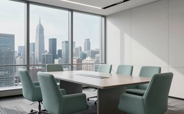 A minimalist corporate boardroom in a skyscraper overlooking the city. Modern misty sage teal chairs surround a polished table. Large windows show a clear view of the skyline. The style is sharp, clean, and highly professional.